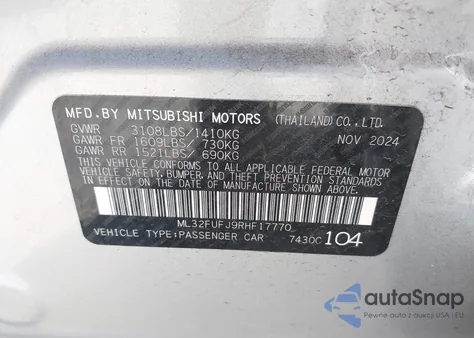 2024 Mitsubishi Mirage G4 Black Edition/Es/Le z USA, uszkodzony, nr VIN ML32FUFJ9RHF17770